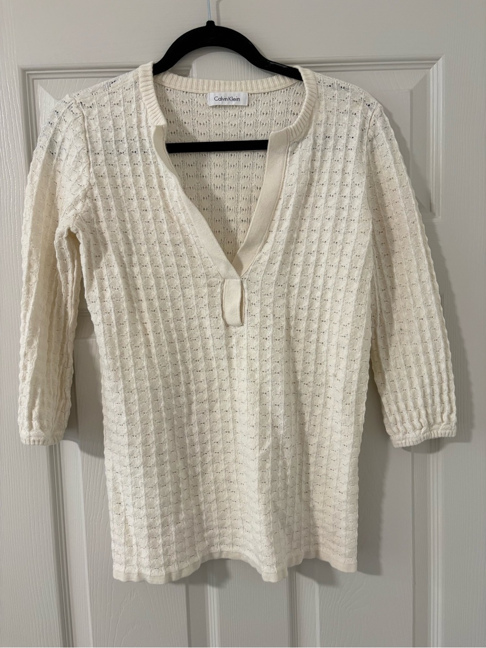 Calvin Klein Women V Neck Pullover Tunic Sweater Ivory Cotton Wool 3/4 Sleeve